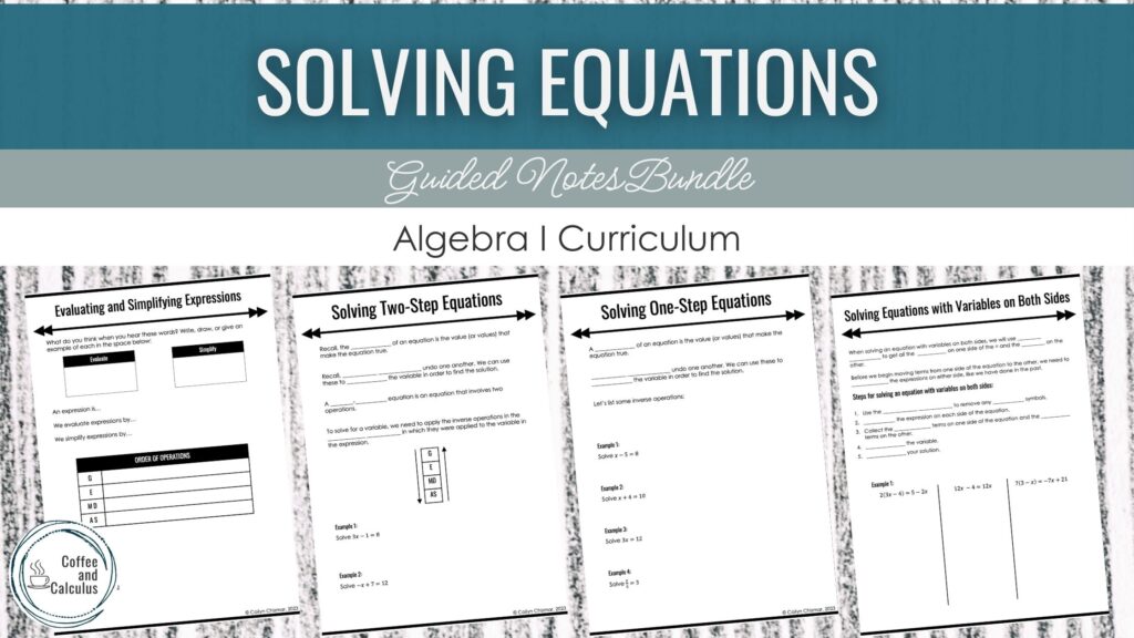 Thumbnail with teal banner reading "solving equations," and including the front cover of four of the note pages in the bundle.