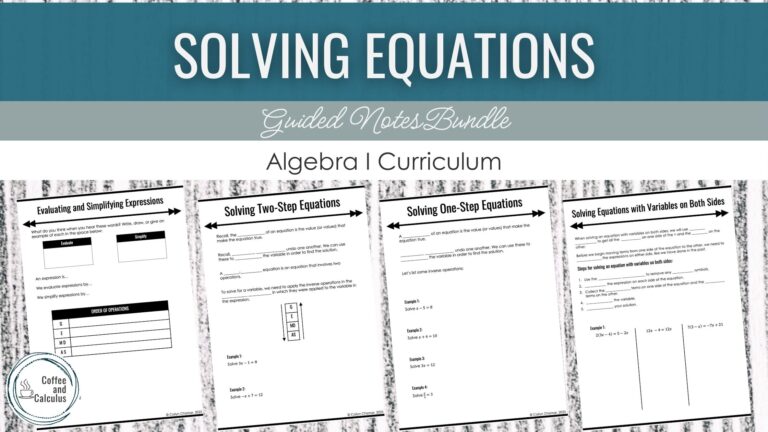 Thumbnail with teal banner reading "solving equations," and including the front cover of four of the note pages in the bundle.